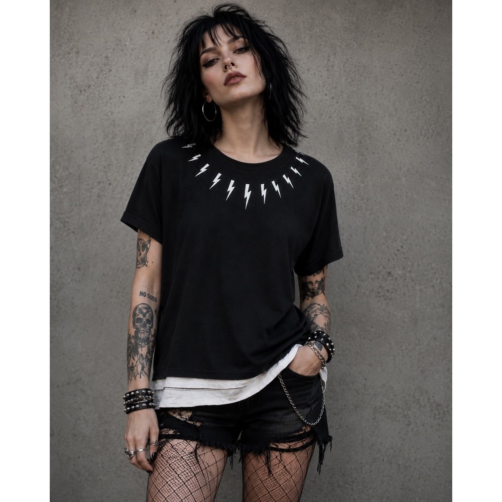 Neil Barrett Women's Lightning Bolt T-Shirt Black White Layered Hem Small